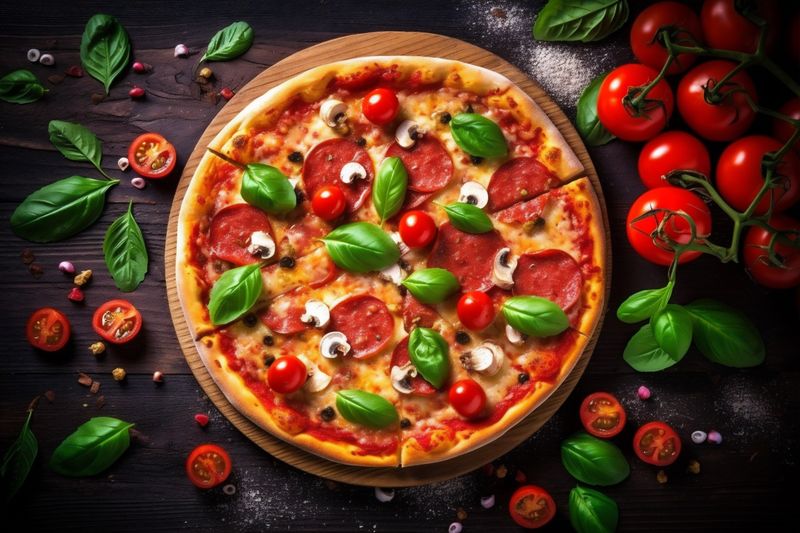 background copy food black tomato pizza fast meal closeup cheese food italian space. Generative AI.