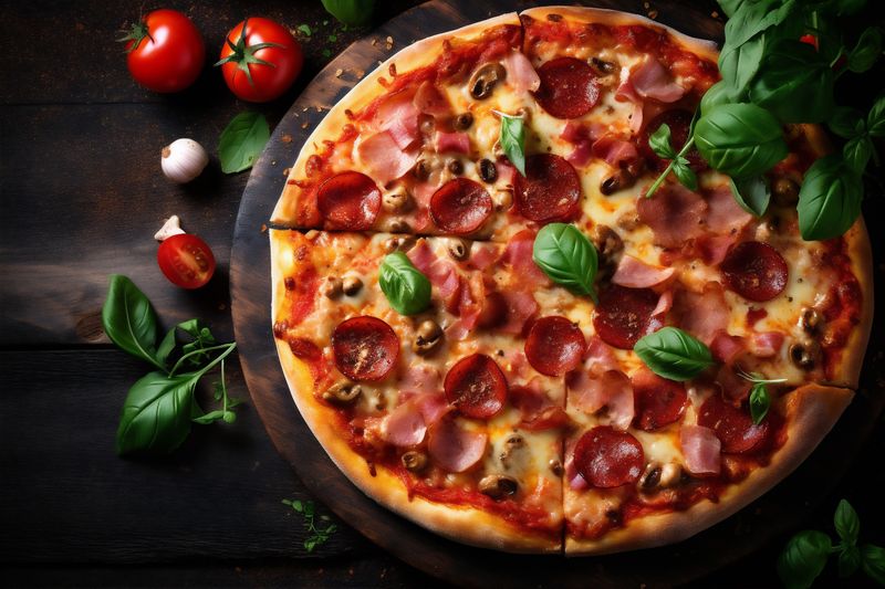 pizza food fast space meal cheese vegetable background food copy tomato italian black. Generative AI.