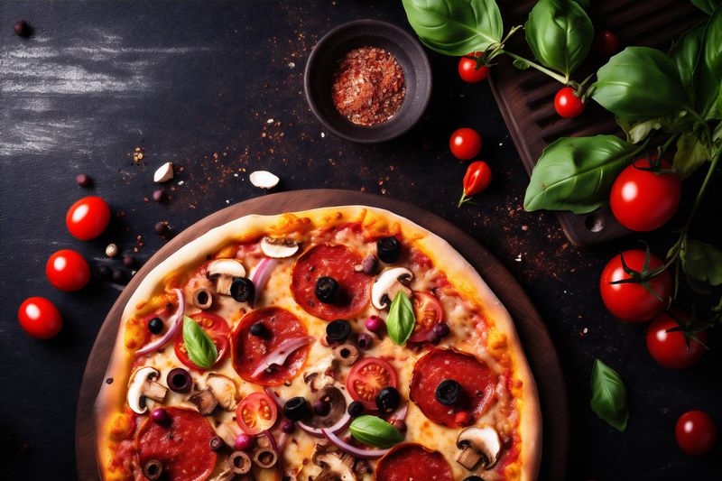 space background food meal fast black cheese food top italian tomato copy pizza. Generative AI.