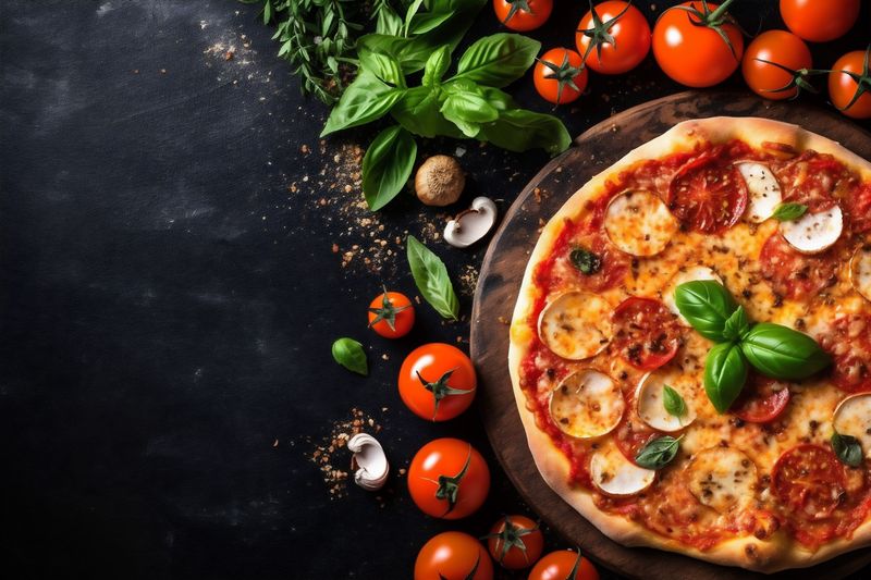 pizza fast background food copy dark food black meal italian tomato space cheese. Generative AI.