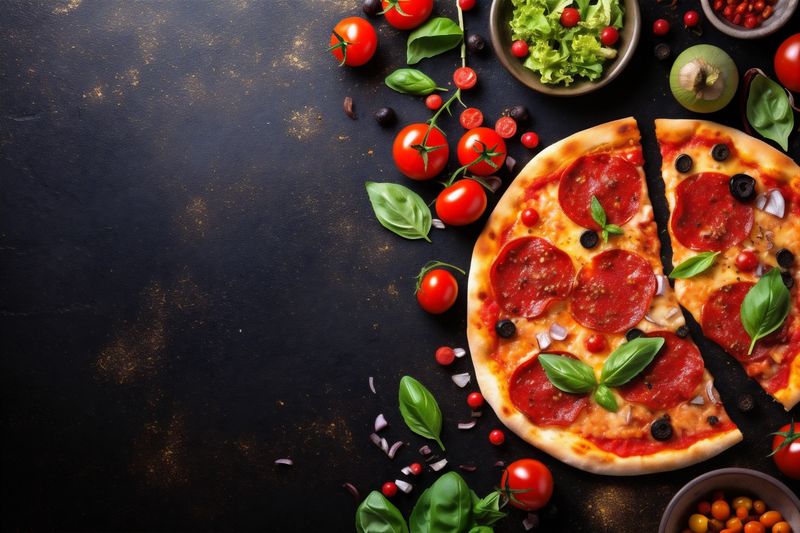 food meal background cheese meat tomato food pizza italian black copy fast space. Generative AI.