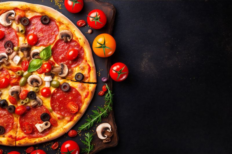 cheese background black food pizza copy space fast closeup food meal tomato italian. Generative AI.