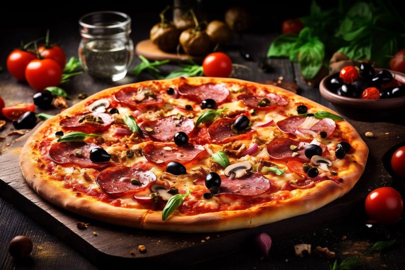 background food space meal black italian food tomato rustic cheese pizza fast copy. Generative AI.