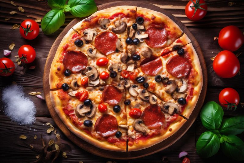 food fast food tomato italian snack copy cheese meal background space pizza black. Generative AI.