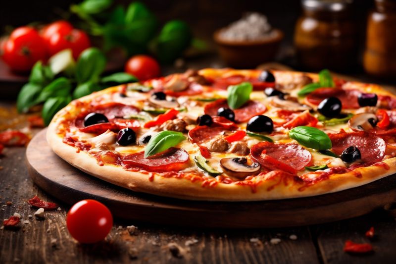 copy food italian meal background pizza tomato cheese fast pepperoni black food space. Generative AI.