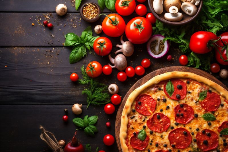food space vegetable italian meal food cheese background pizza tomato black copy fast. Generative AI.