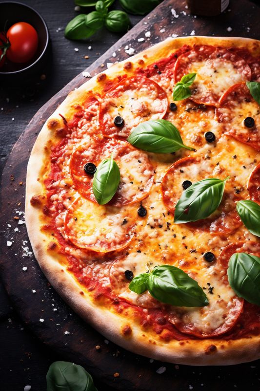 food fast black cheese tomato italian copy pizza background meal salami food space. Generative AI.