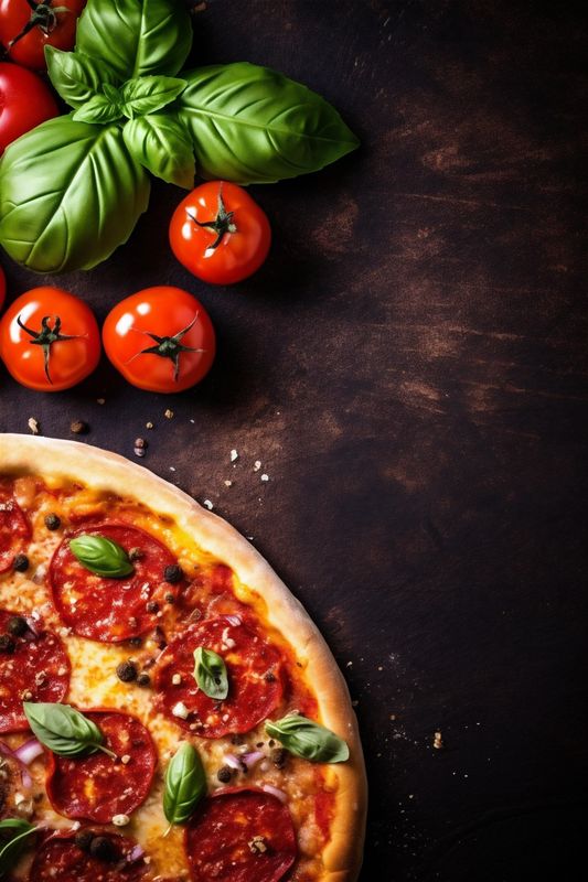 cheese background tomato black meal food italian copy mediterranean space fast pizza food. Generative AI.