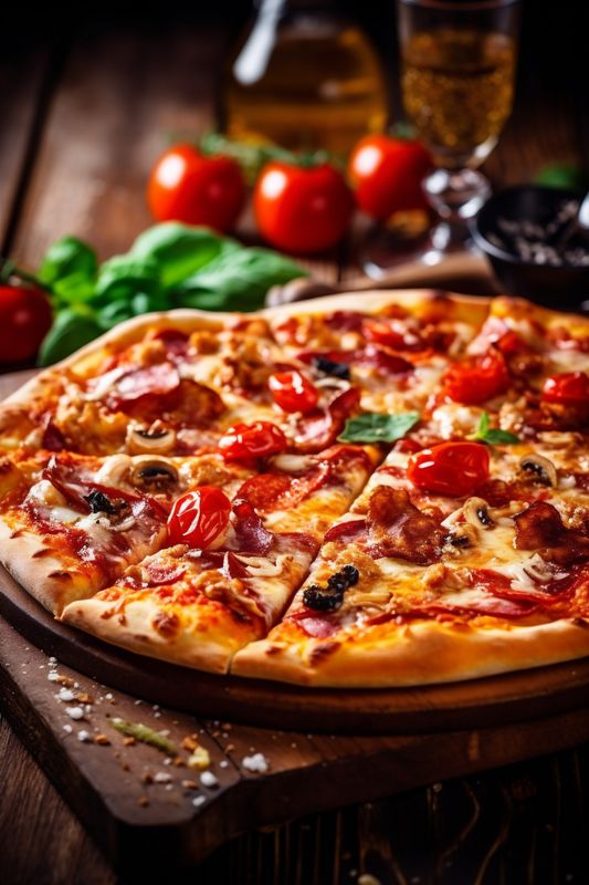 space food vegetable cheese italian meal black tomato background pizza copy food fast. Generative AI.