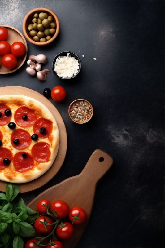 food copy space cheese italy tomato black pizza food italian fast background meal. Generative AI.