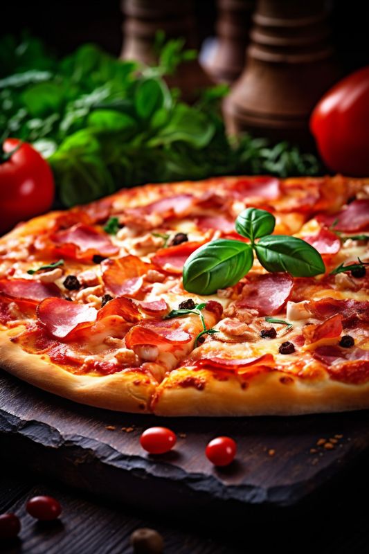 space cheese food dinner black fast tomato meal food pizza background copy italian. Generative AI.