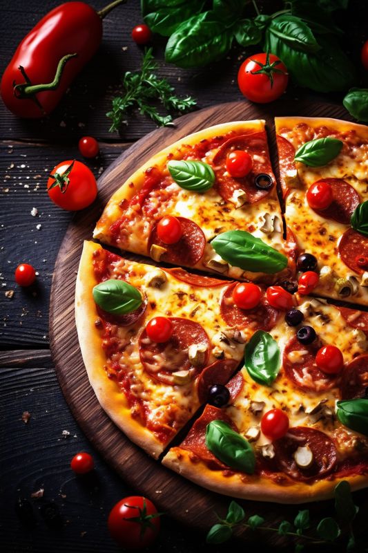 pizza tomato copy cheese food fast background meal black space italian closeup food. Generative AI.