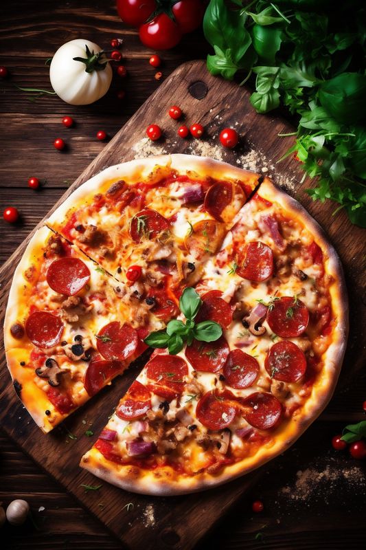 copy pizza rustic background food black tomato fast cheese meal food space italian. Generative AI.