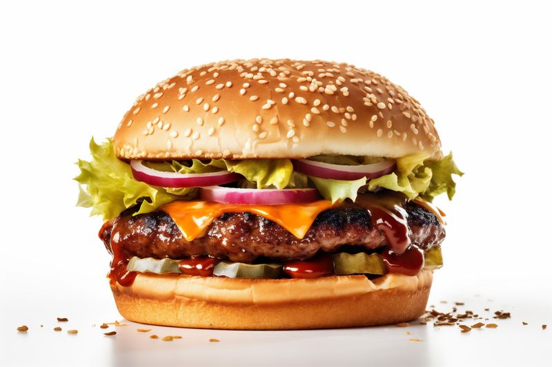 food snack food meat hamburger fast burger fast white beef background sandwich. Generative AI.