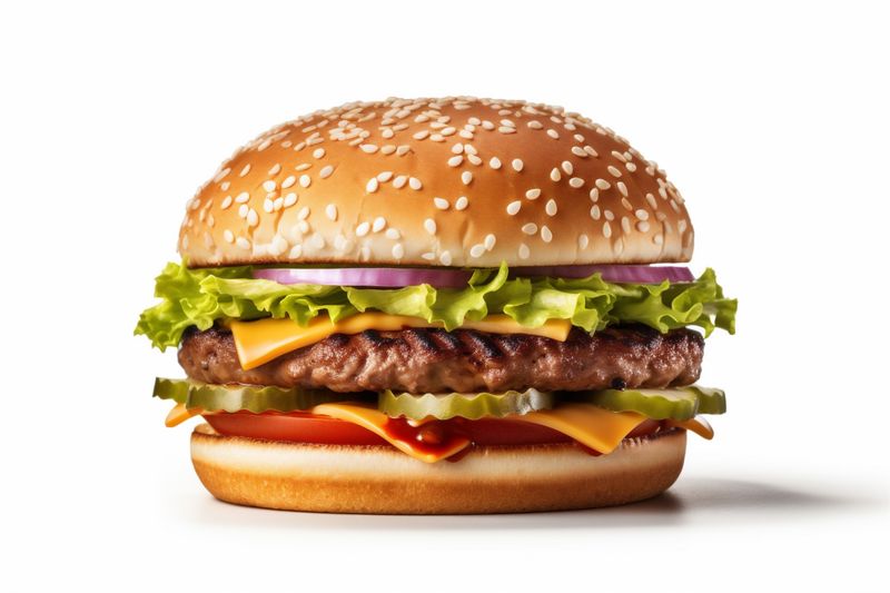 fast food burger sandwich fast beef hamburger food meat white snack background. Generative AI.