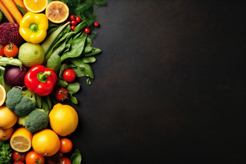 background healthy vegetable vegetarian table fresh ingredient food copy cooking dark space. Generative AI.