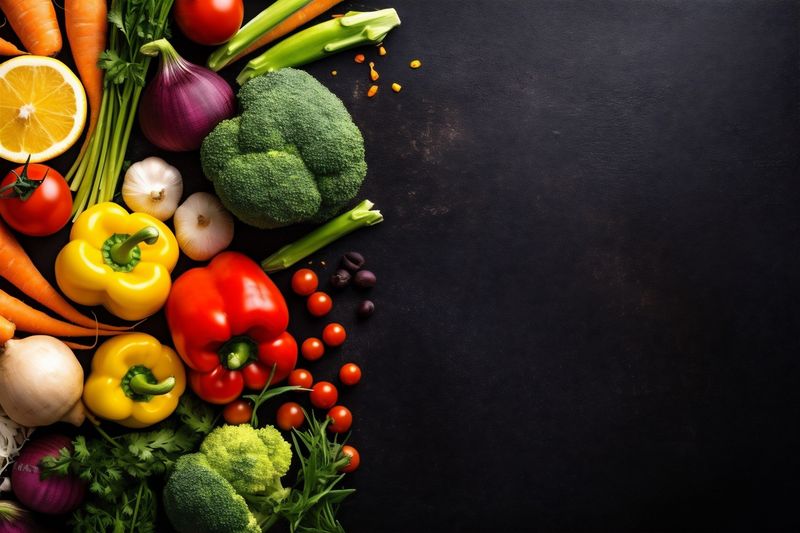 table healthy vegetable background ingredient tomato fresh food cooking vegetarian dark. Generative AI.