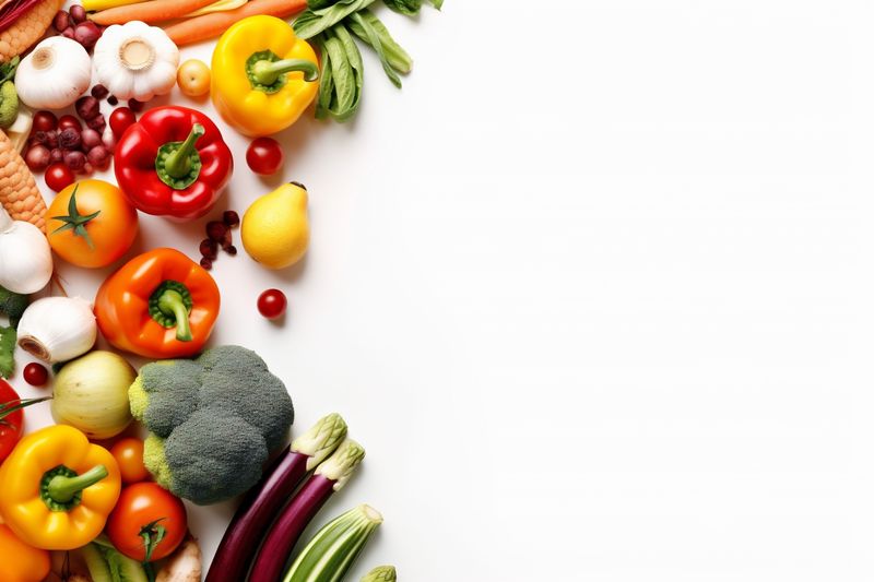 isolated background fruit vegetable healthy tomato broccoli vegetarian food white green. Generative AI.