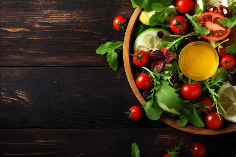 salad background healthy food diet vegetarian fresh green vegetable dark vegan. Generative AI.