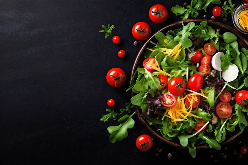 copy dark background healthy vegetable food space vegetarian diet green fresh salad. Generative AI.