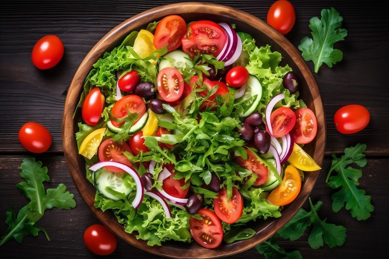 eating healthy green food diet vegetable background salad dark fresh vegetarian. Generative AI.