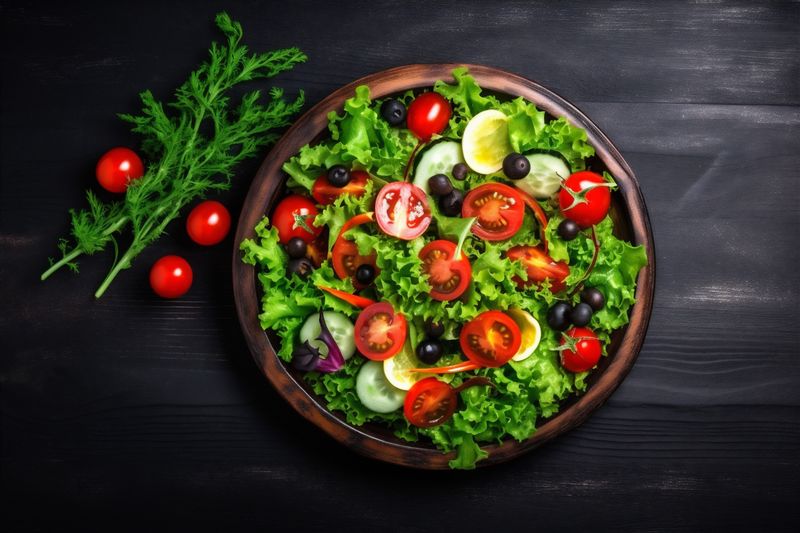 fresh food salad background diet rustic healthy dark vegetarian vegetable green. Generative AI.