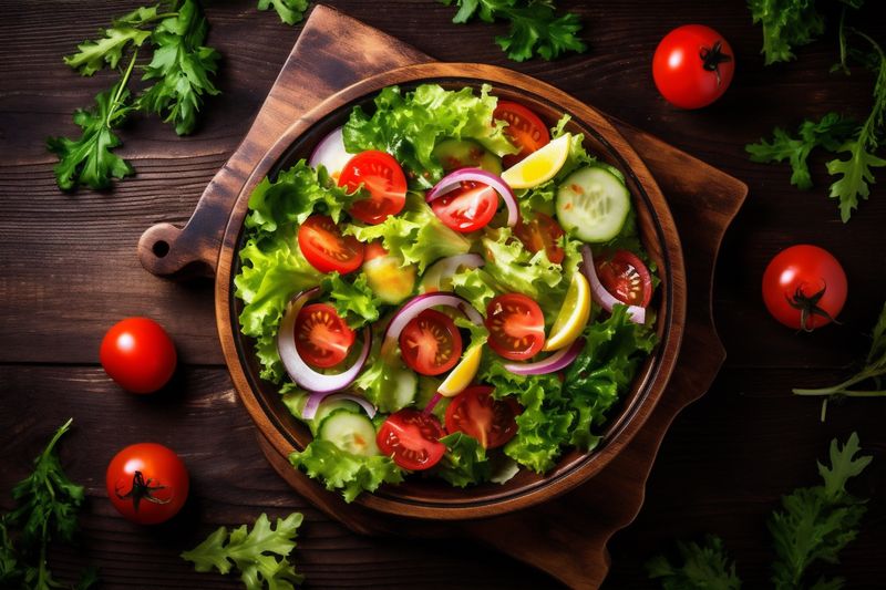 fresh food salad dark background diet cheese green vegetable vegetarian healthy. Generative AI.