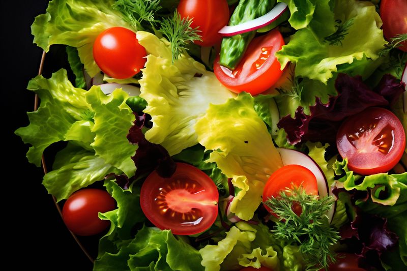 vegetable salad vegetarian healthy dark diet raw food fresh green background. Generative AI.
