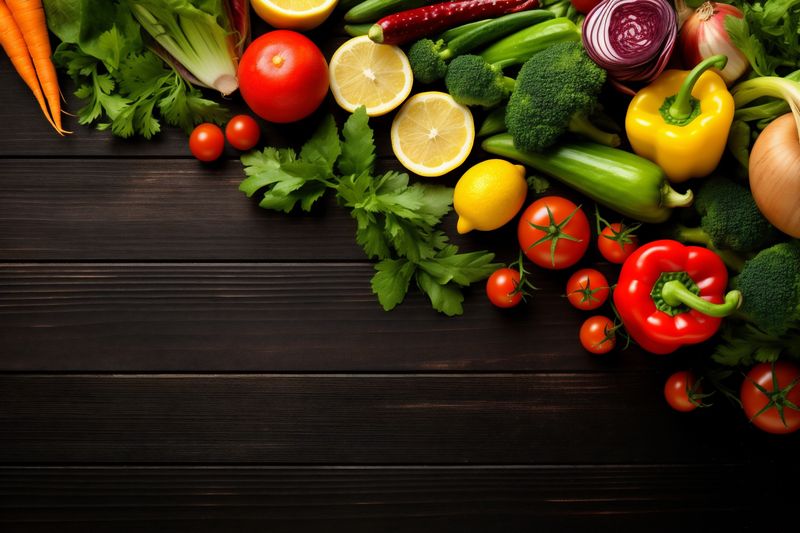 diet healthy green fresh vegetarian vegetable dark salad background food tomato. Generative AI.