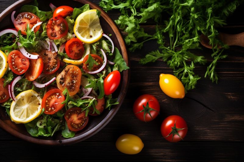 salad diet background vegetarian dark space copy vegetable fresh food green healthy. Generative AI.