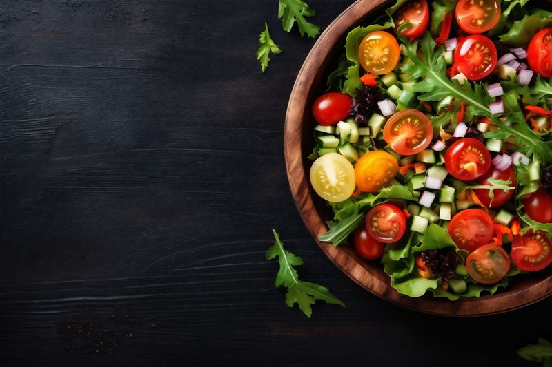 diet food fresh salad meal vegetable dark background healthy vegetarian green. Generative AI.