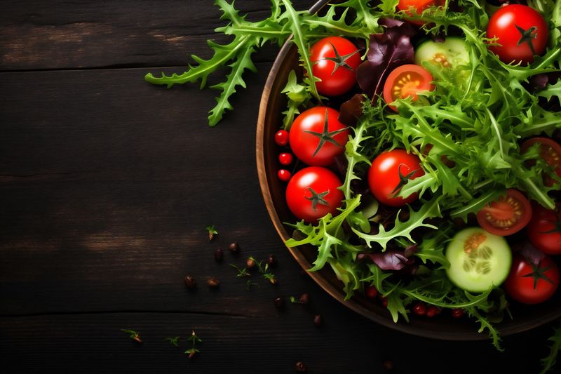 background food bowl vegetable dark healthy vegetarian green fresh salad diet. Generative AI.