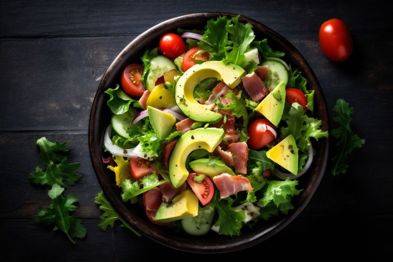 vegetarian nutrition salad fresh vegetable dark food diet background healthy green. Generative AI.