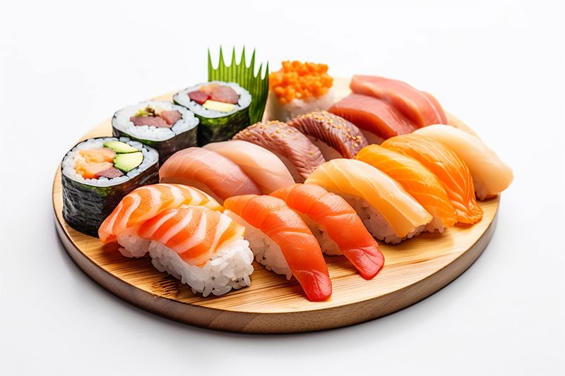 sushi food white set rice healthy fish seafood background japanese roll. Generative AI.