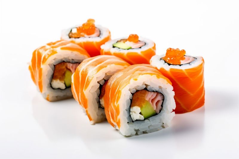fish roll seafood set rice sushi food japanese white healthy background. Generative AI.