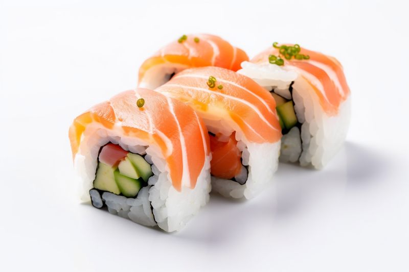 seafood roll background healthy japanese fish set rice white sushi food. Generative AI.