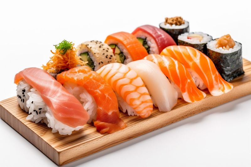 roll japanese white food sushi seafood background rice set fish healthy. Generative AI.