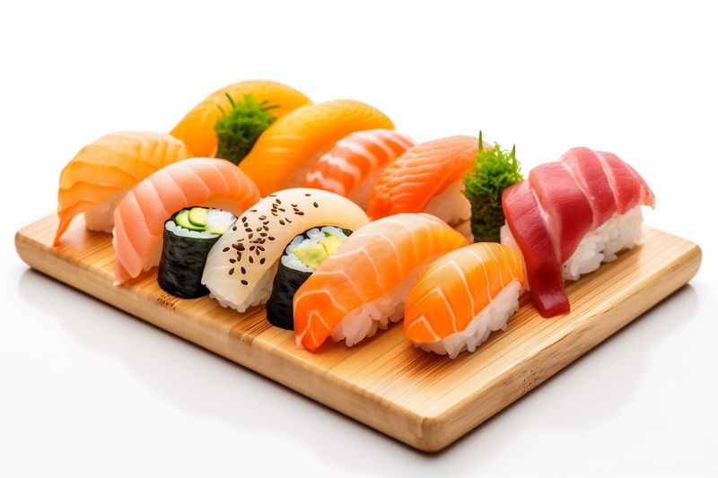 sushi white set healthy rice japanese roll fish seafood food background. Generative AI.