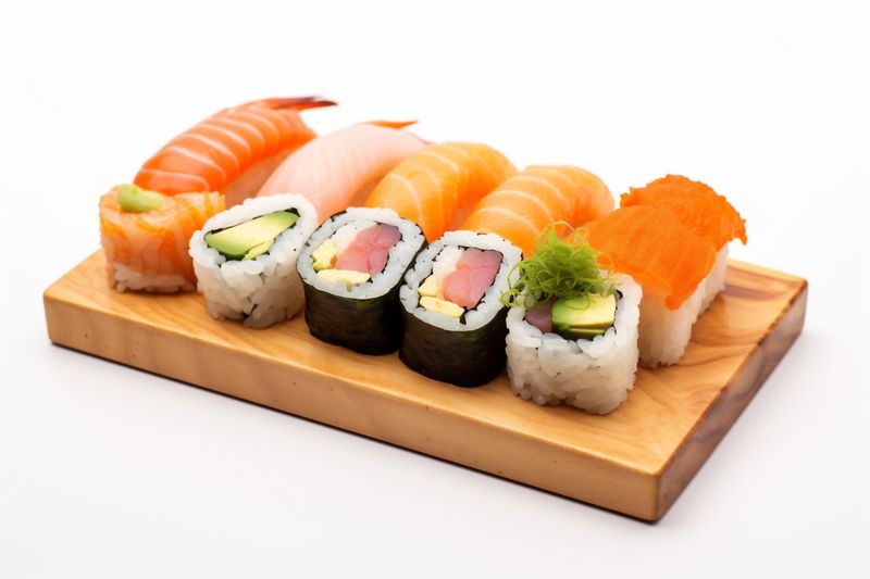 food fish roll set japanese rice seafood healthy sushi background white. Generative AI.