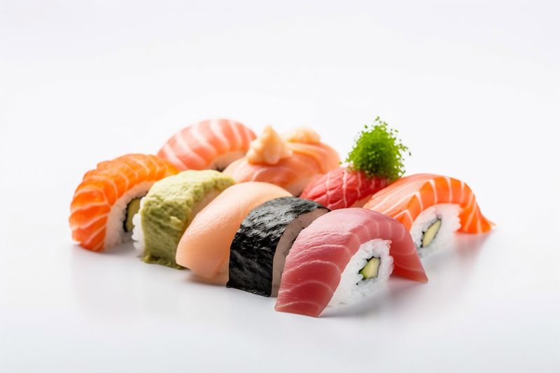 fish white background sushi seafood healthy food set roll japanese rice. Generative AI.