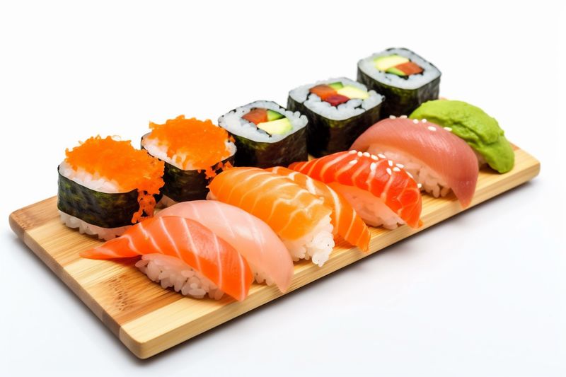 japanese white roll sushi seafood rice set fish background healthy food. Generative AI.