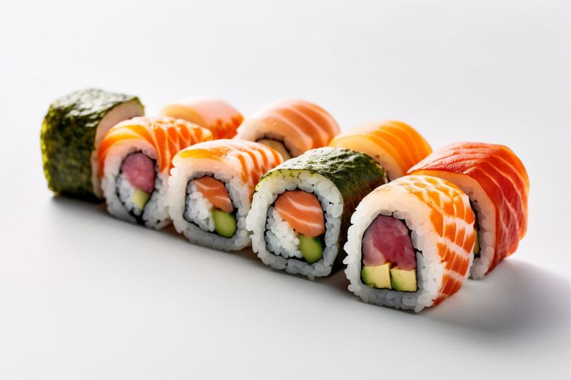 rice sushi roll set seafood background white fish healthy food japanese. Generative AI.