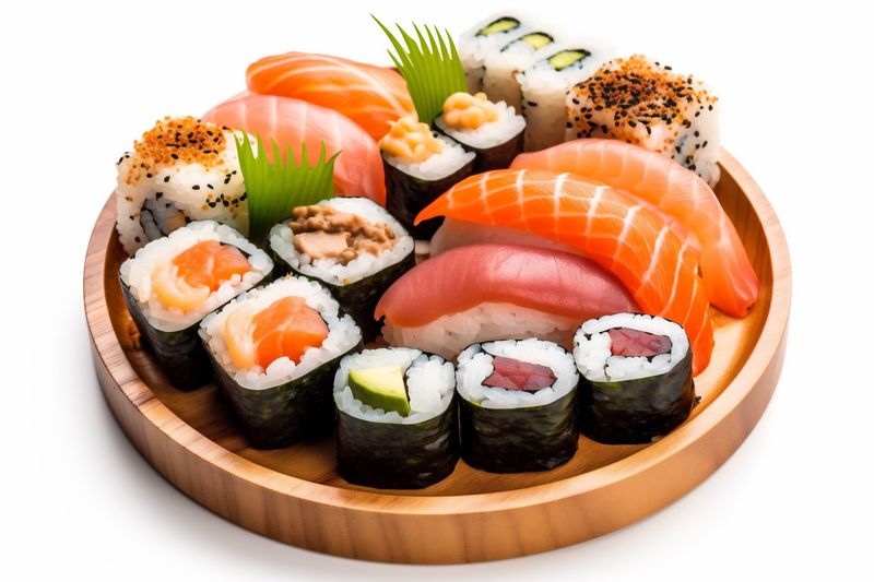 roll japanese background set seafood sushi white food healthy fish rice. Generative AI.