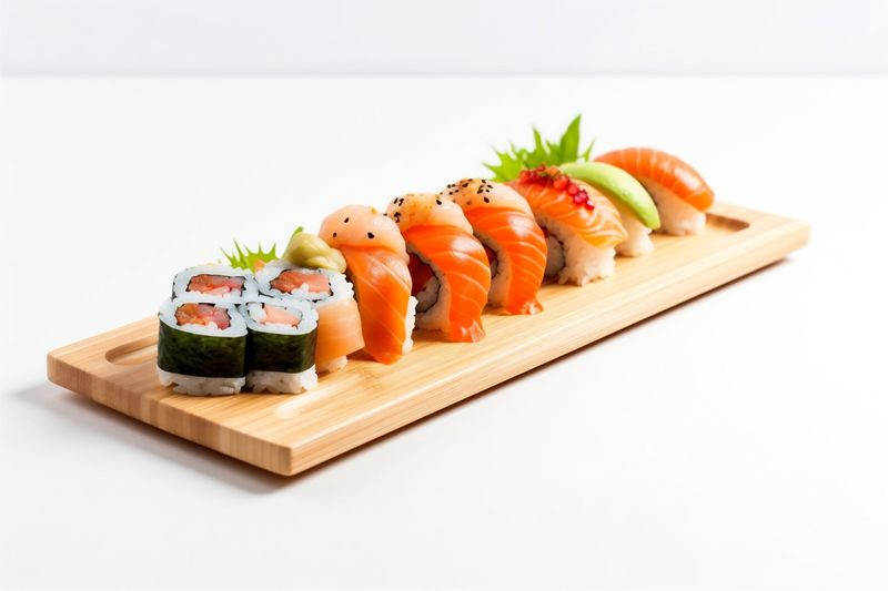 seafood background fish set rice roll food white healthy sushi japanese. Generative AI.