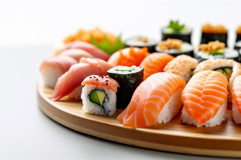 white rice seafood fish roll japanese sushi healthy background food set. Generative AI.