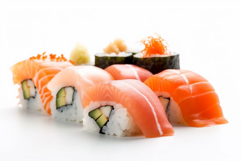 rice healthy white roll fish sushi background japanese set seafood food. Generative AI.