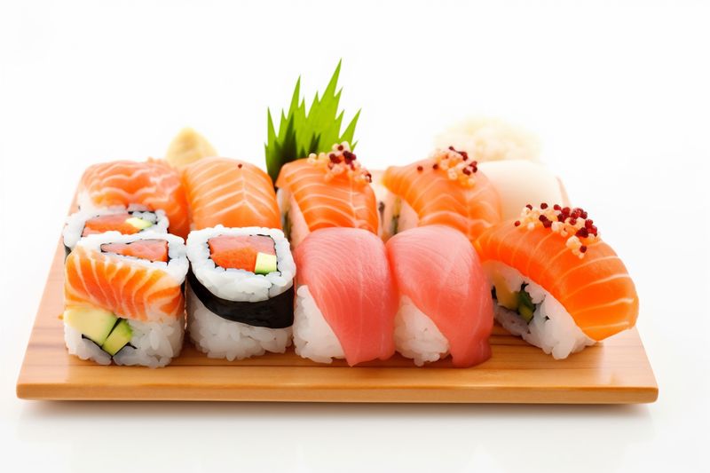 food rice white sushi roll seafood healthy set background fish japanese. Generative AI.
