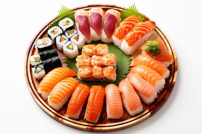 set food japanese white seafood background rice sushi fish healthy roll. Generative AI.