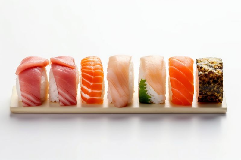 set healthy white background japanese sushi roll food rice seafood fish. Generative AI.
