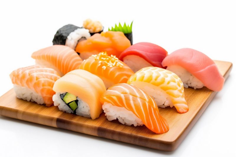 seafood fish white healthy set japanese roll food rice sushi background. Generative AI.